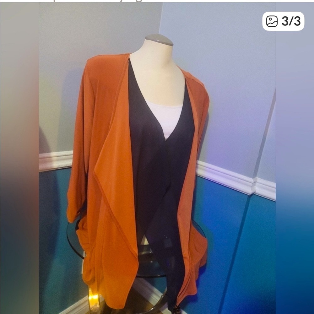 Picadilly Fashions Draped Open Front Cardigan Rust Orange Black L - Picture 4 of 4